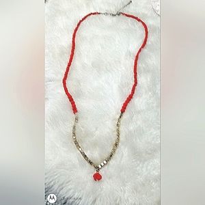 Chico's Long Coral & Gold Beaded Necklace